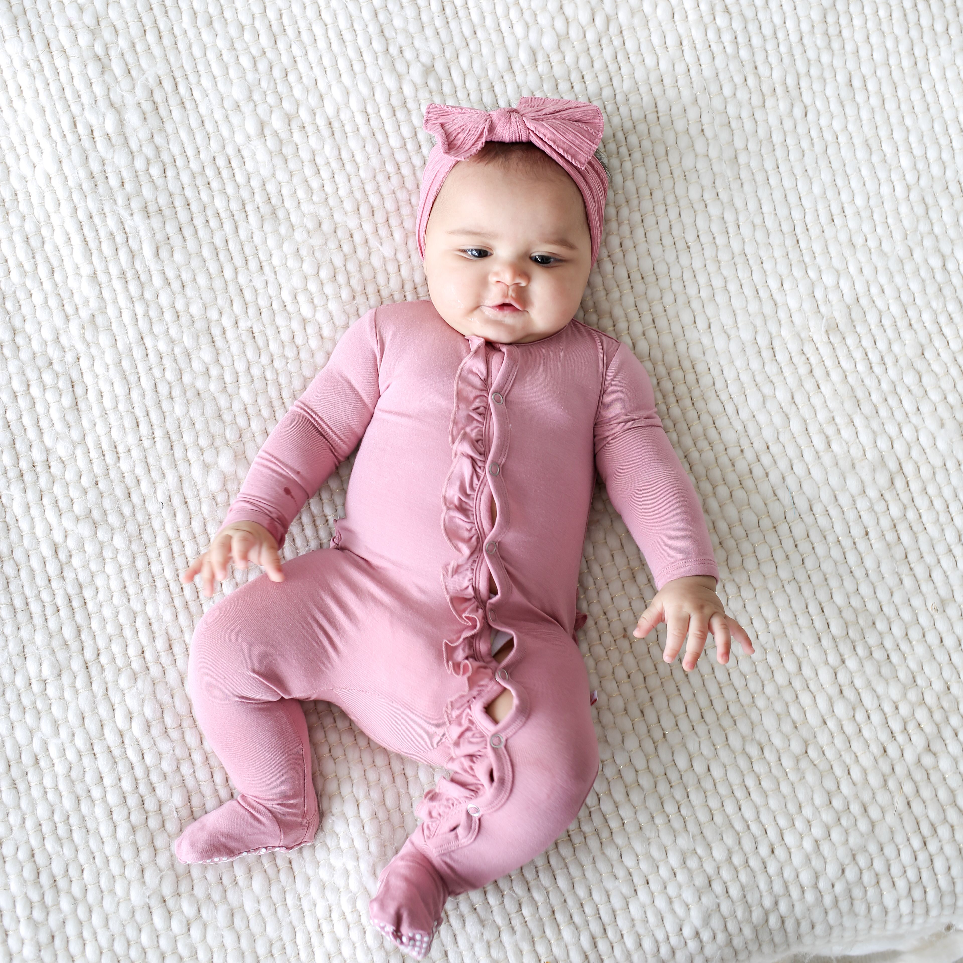 Posh Peanut Dusty Rose Footie Ruffled Zippered One Piece