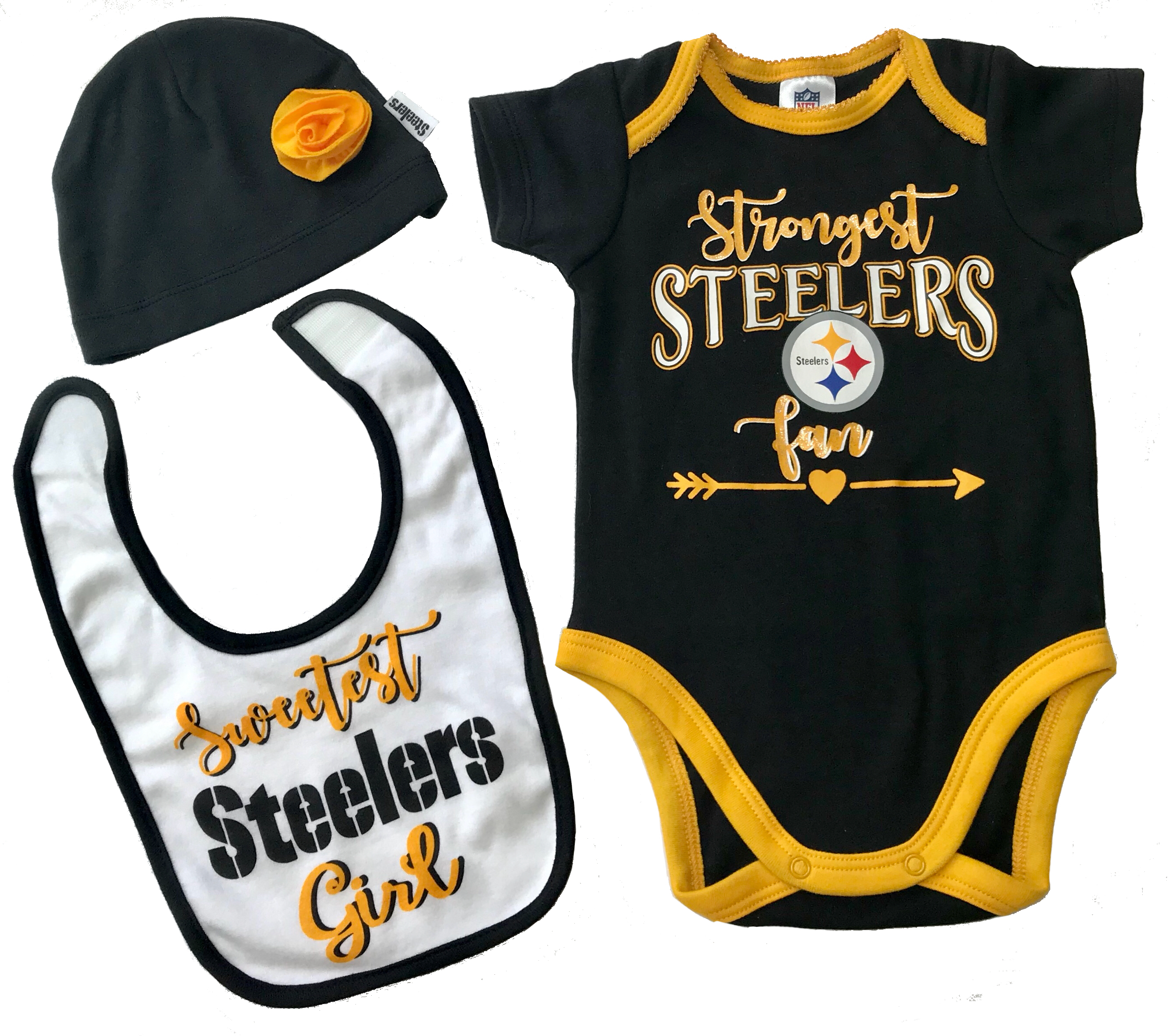 Gerber Awesome Steelers Baby Girl Bodysuit, Footed Pant & Cap Set